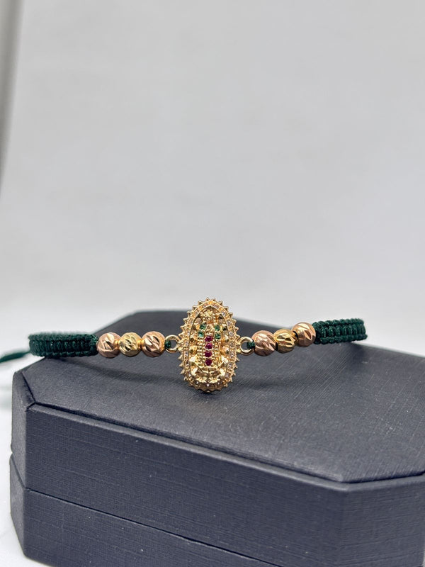 PULSERA TEJIDA VIRGEN GUADALUPE 2GR BALIN #4 HILO VERDE NACI ORO 18KT