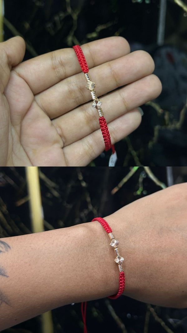 PULSERA TRÉBOL Y TUBO 0,72D HILO ROJO NACÍ ORO ROSA 18KT