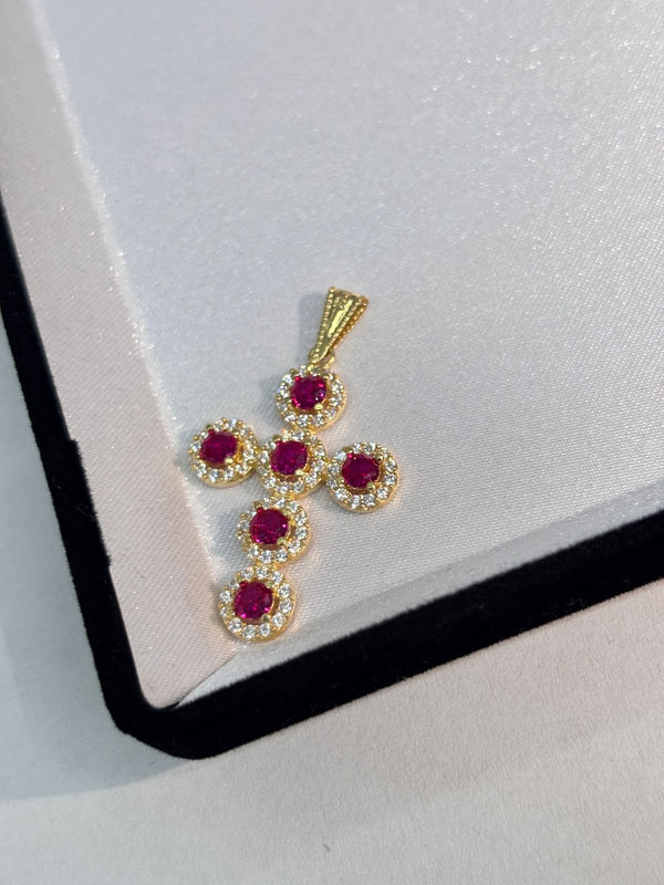 DIJE CRUZ CIRCONES FUCSIA 3GR LARGO 3,5CM ANCHO 2CM NACI ORO 18KT