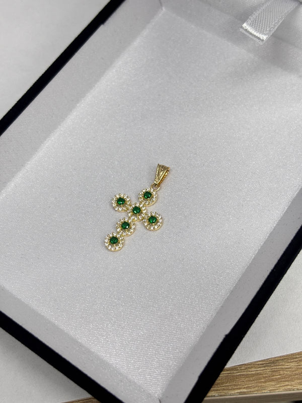 DIJE CRUZ CIRCONES VERDES 1,63GR LARGO 3CM ANCHO 1,5CM NACI ORO 18KT