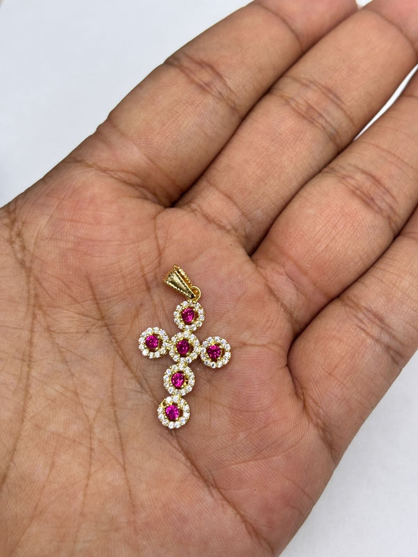 DIJE CRUZ CIRCONES FUCSIAS 1,84GR LARGO 3CM ANCHO 1,5CM NACI ORO 18KT