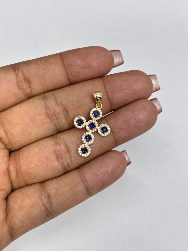 DIJE CRUZ CIRCONES AZULES 1,69GR LARGO 3CM ANCHO 1,5CM NACI ORO 18KT