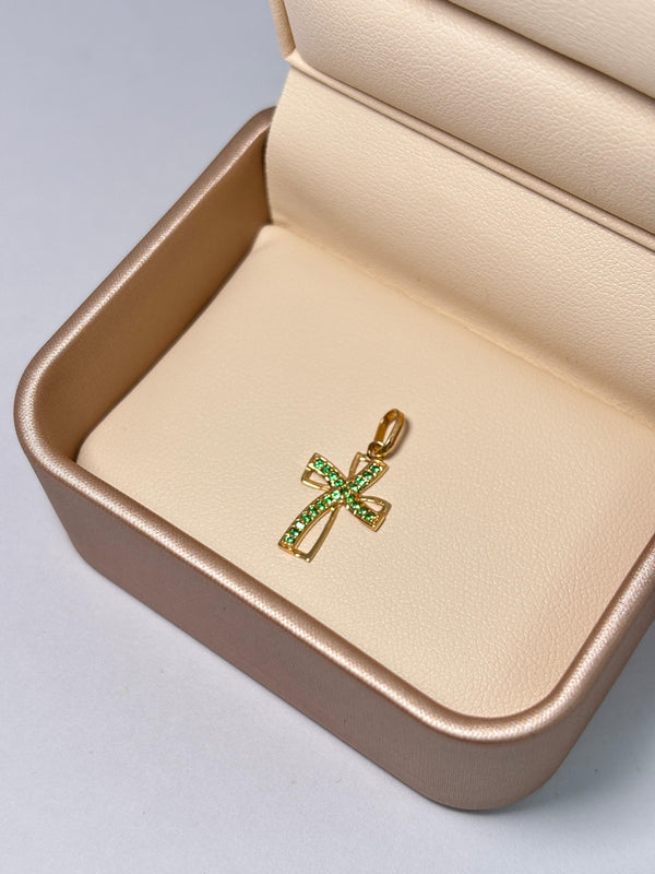 DIJE CRUZ CIRCONES VERDES 0,92D LARGO 2,3CM ANCHO 1,1CM NACI ORO 18KT